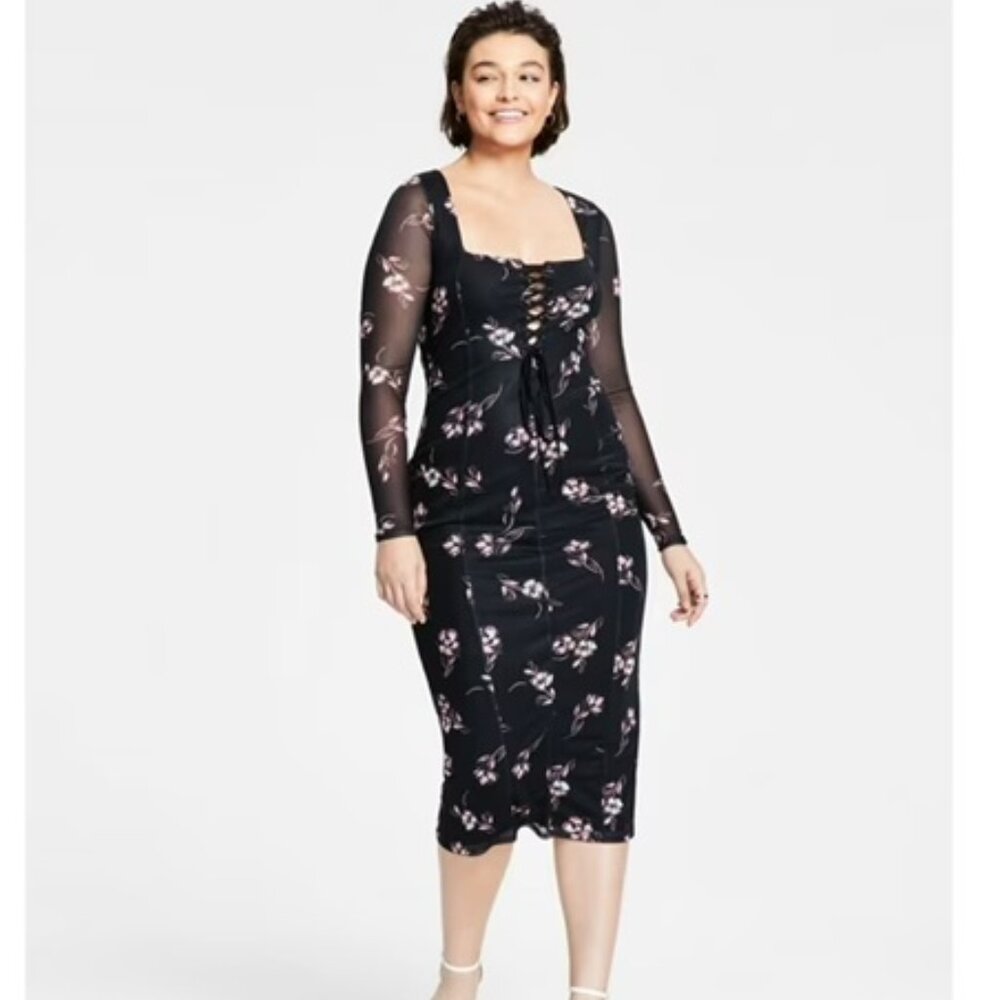 Bar lll Women's Black Floral Lace-Up Midi Dress in Size Large NWT
